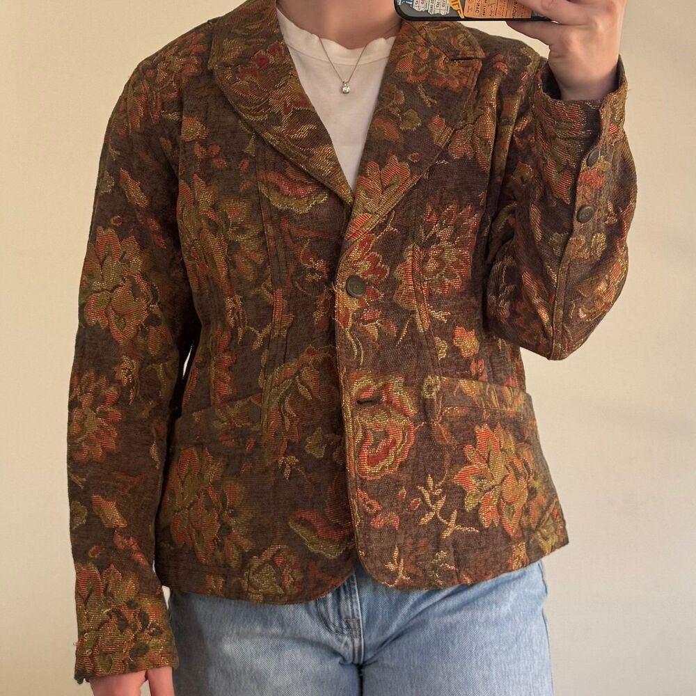 Vintage Coldwater Creek Floral Tapestry Jacquard Blazer Jacket Petite Medium